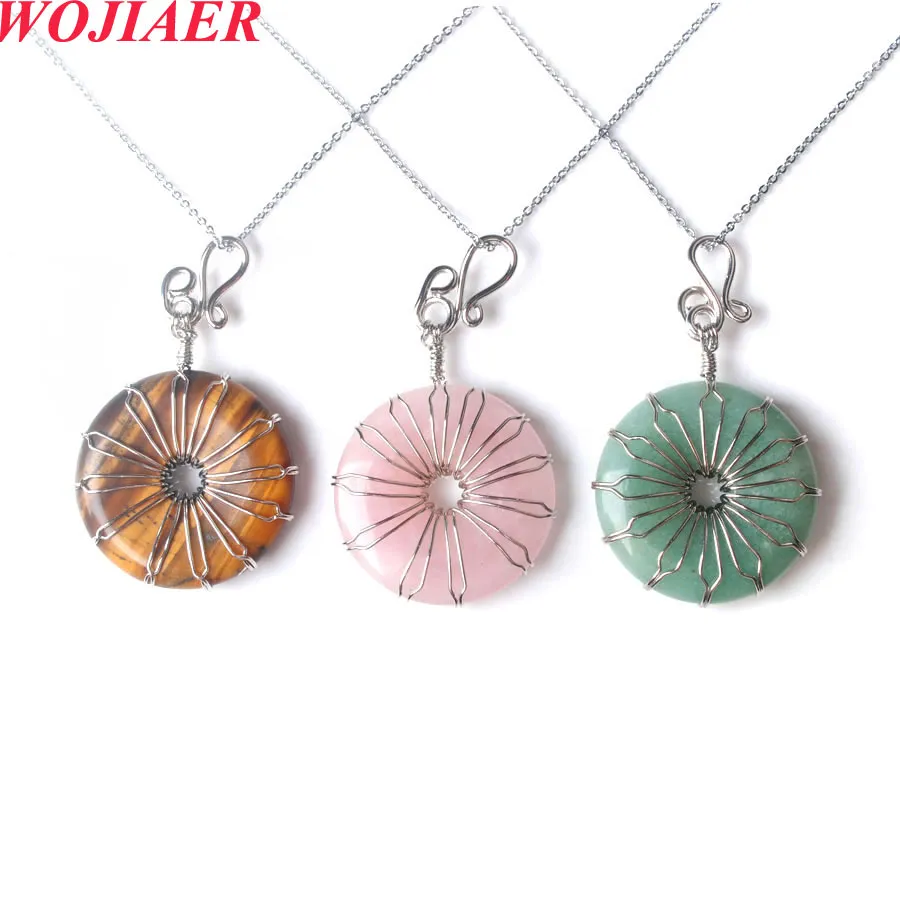 Trendy Natural Stone Pink Crystal Safety Button Necklace Pendant Donut Charm Jewelry BO977