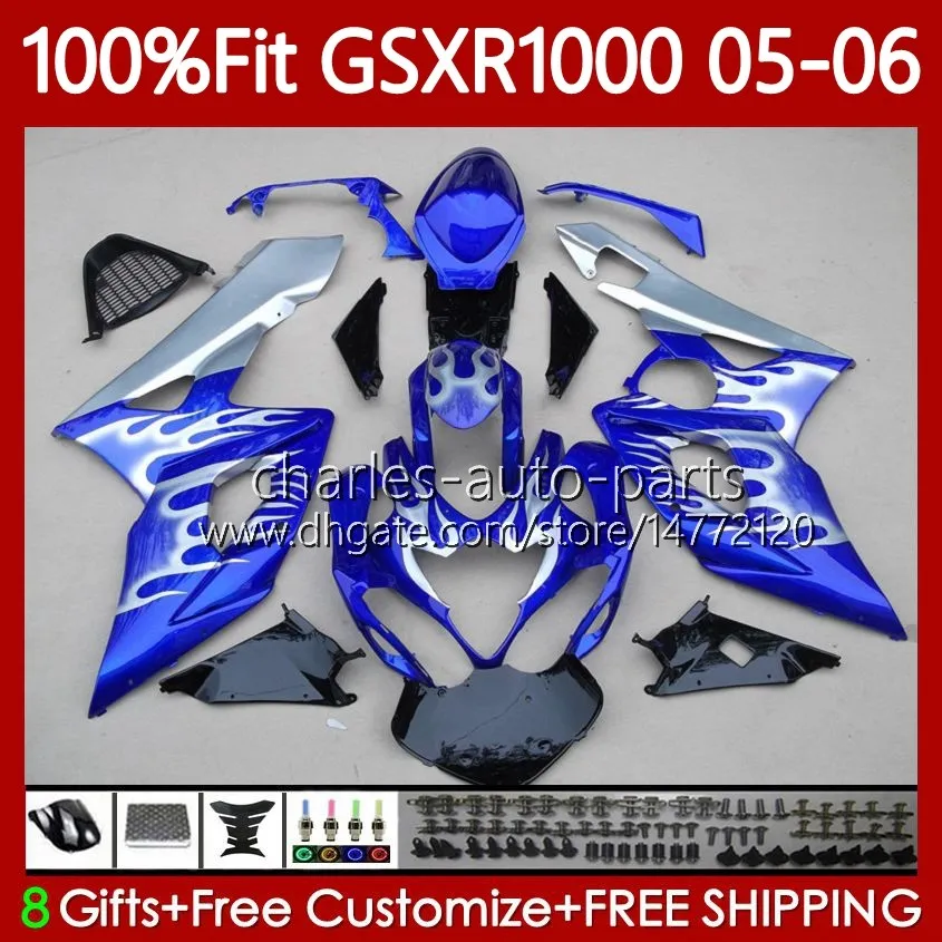 Suzuki GSXRのOEM Moto Body 1000 CC K5 GSX-R1000 2005 2006 Bodywork 122no.113 GSXR-1000 GSXR1000 1000CC 05 06 06 GSX R1000 05-06注入型フェアリングキット銀色ブルー