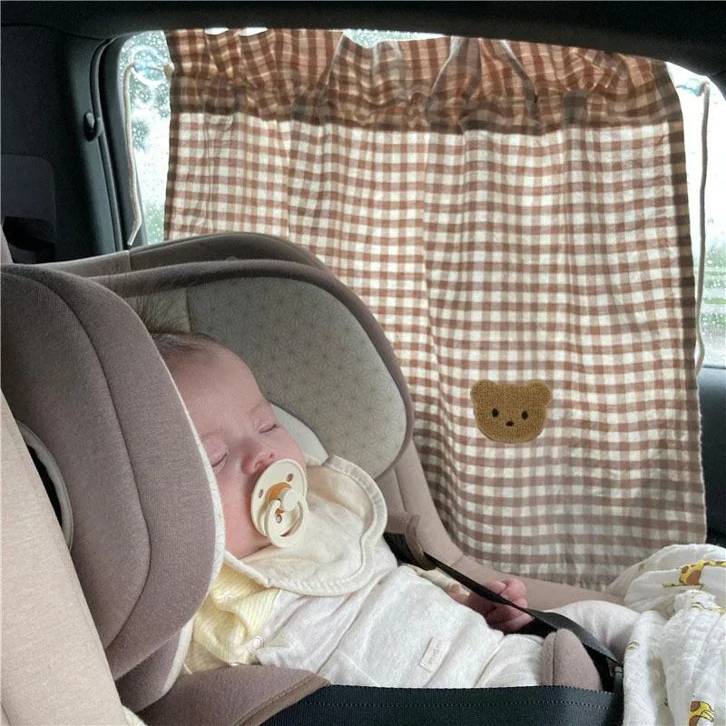 Stroller Parts & Accessories Ins Baby Car Curtain Bear Plaid Embroidered Children Sun Protection Sunshade Window UV For Kids