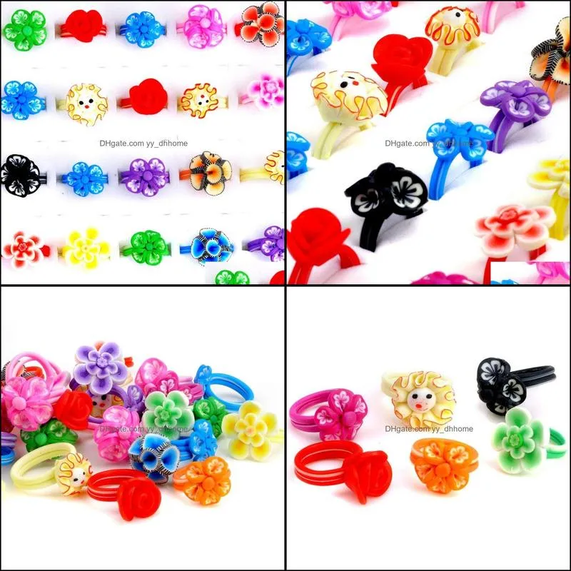 50pcs wholesale mixed kids flower rings colorful polymer clay band ring