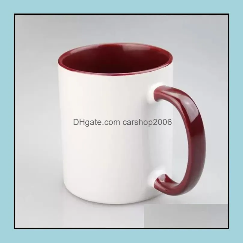 11oz Hot selling billet sublimation ceramic mug color handle inner color DIY transfer heat press printing water mugs by sea Inventory