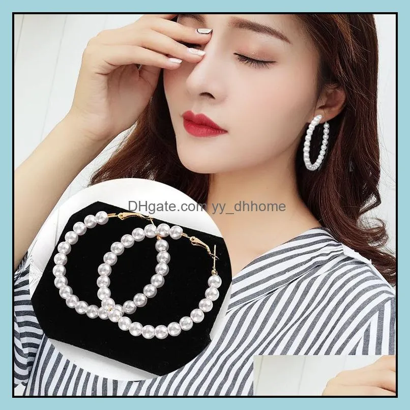 Simple Plain Gold Color Metal Pearl Hoop Earrings Women Female Fashion Big Circle Statement For Korean Jewelry & Huggie
