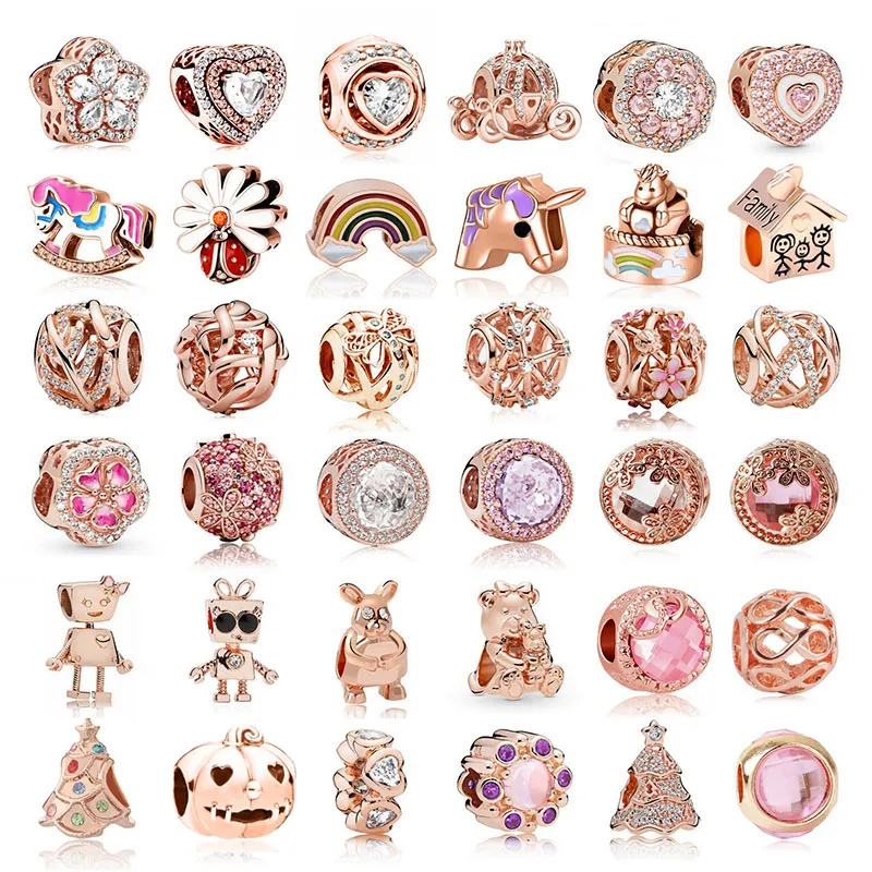 Nouveau populaire 925 en argent sterling or rose coccinelle arc-en-ciel licorne robot grand trou perles pour bracelet à breloques pandora original bricolage accessoires de mode pour femmes