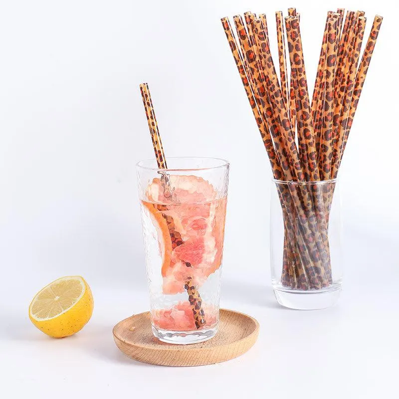 9*2.75inch Plastic Brown Leopard Drinking Straws Fashion Printing Straight Straw Reusable Restaurant And Bar Supplies