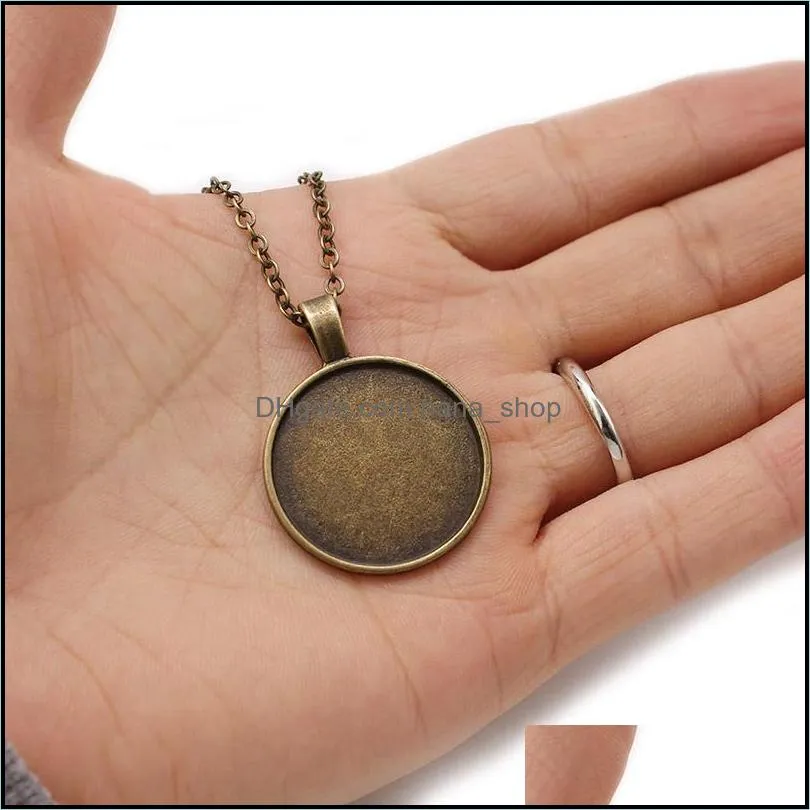 Wholesale Bronze 55cm+5cm Link Chain Necklace Alloy Base Tray Bezel Blank Pendant Necklaces For Handmade 25mm Cabochons Jewelry