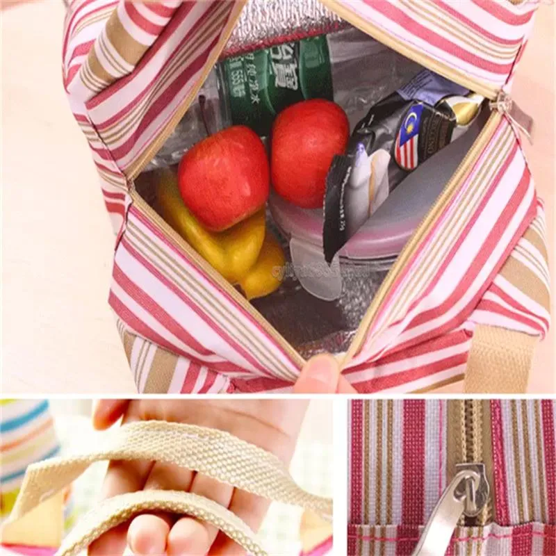 Lunch Totes Bag Thermal Insulated Portable Cool Canvas Stripe Carry Case Picnic high quality