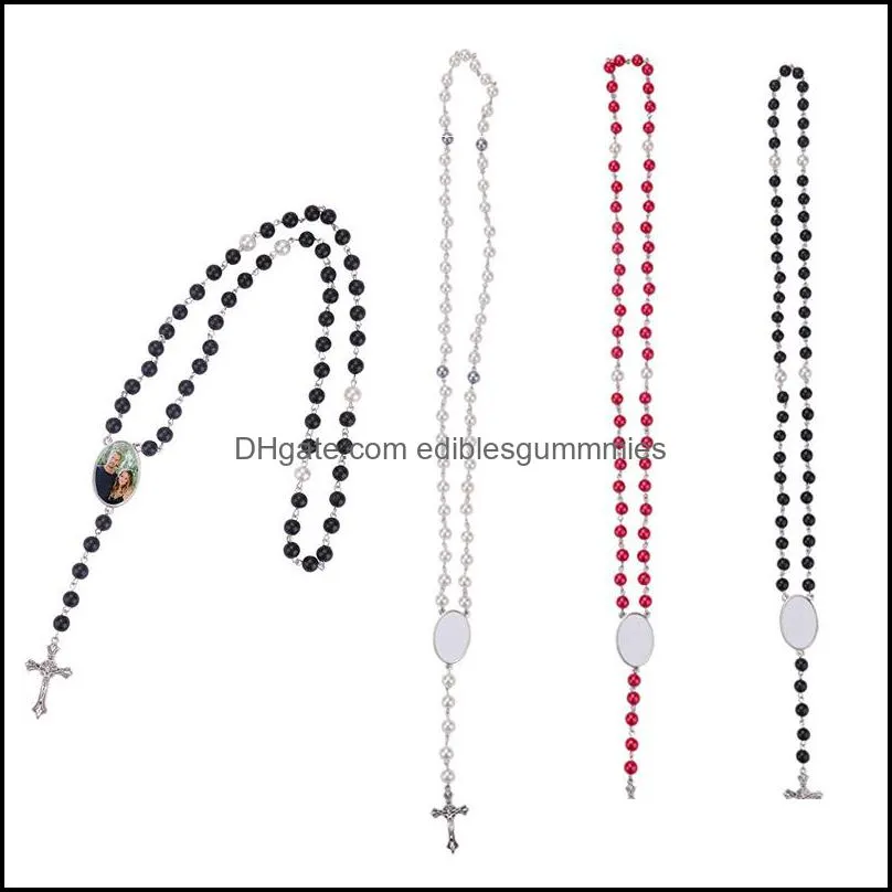 4 colors Sublimation necklace Heat Transfer Pendant Rosary bead Necklace Cross Jesus Metal Pendants