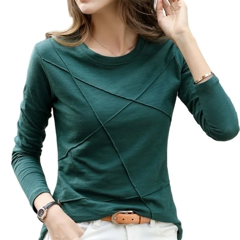 Ribbed Spring Moda Bambusa Bawełniana Koszulka Jesień Kobiety O-Neck Loose Proste Purpurowa Koszula Z Długim Rękawem Lady Green Top 17279 220408