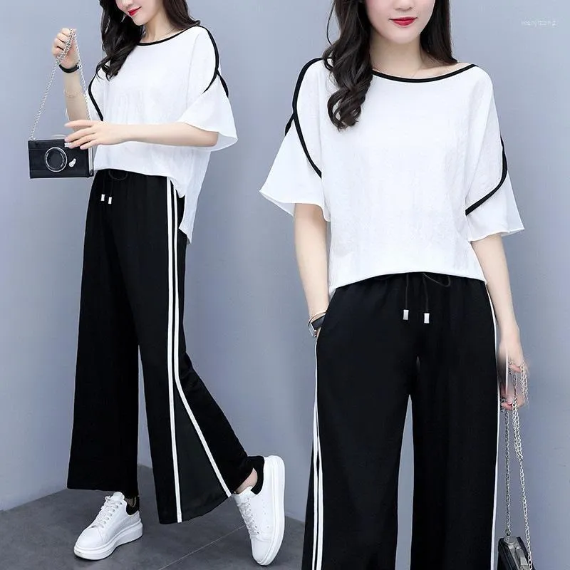 Tracksuits voor dames vrouwen chiffon pant pakken casual formele elegante dames broekpakjes zomer blouse top brede been broek 2 -delige set plus maat xx