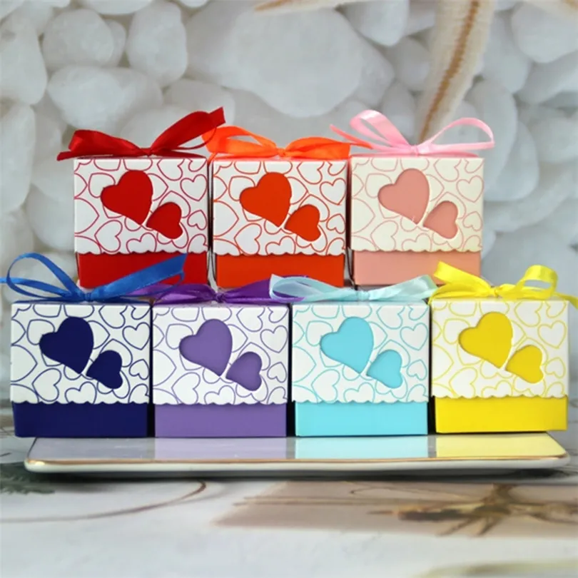 50/100 pezzi contenitore per caramelle cuore amore contenitore dolce bomboniere e scatole regalo con nastro per battesimo festa di compleanno decorazione di nozze 220427
