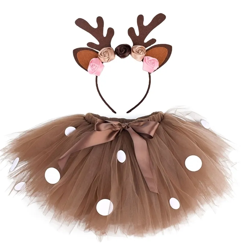 Fluffy Brown Deer Skirt Christmas Costume Kids Reindeer Tulle for Halloween Carnival Children Outfit 1-14 Years 220326