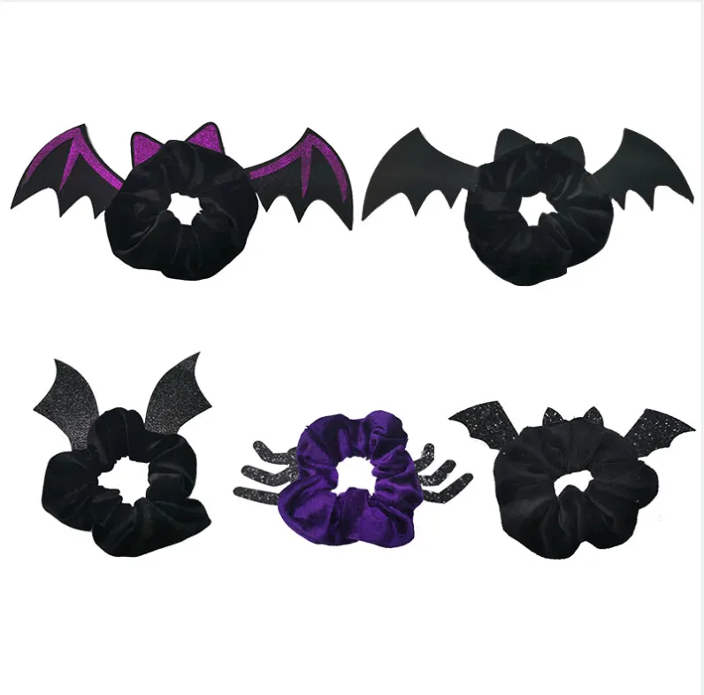 Accessori per capelli Scrunchies per ragazze di Halloween Fascia per capelli Pipistrello Anello per intestino crasso Supporto per coda di cavallo in velluto Flanella Festival Fasce per capelli D004