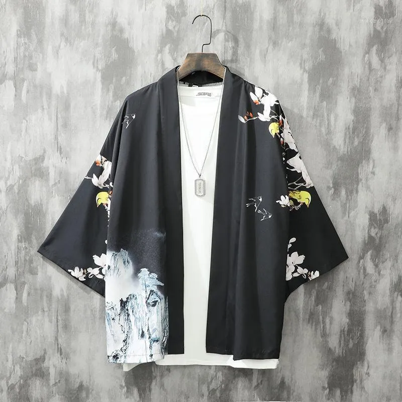 Etniska kläder samurai cardigan fjäril kimono man japansk stil mode herrskjortor tre kvart ärm landskapstryck haori 2022