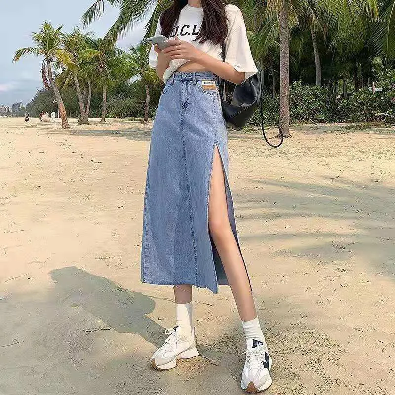 Skirts Chic High Waist Side Slit Denim Maxi Skirt Female Fashion