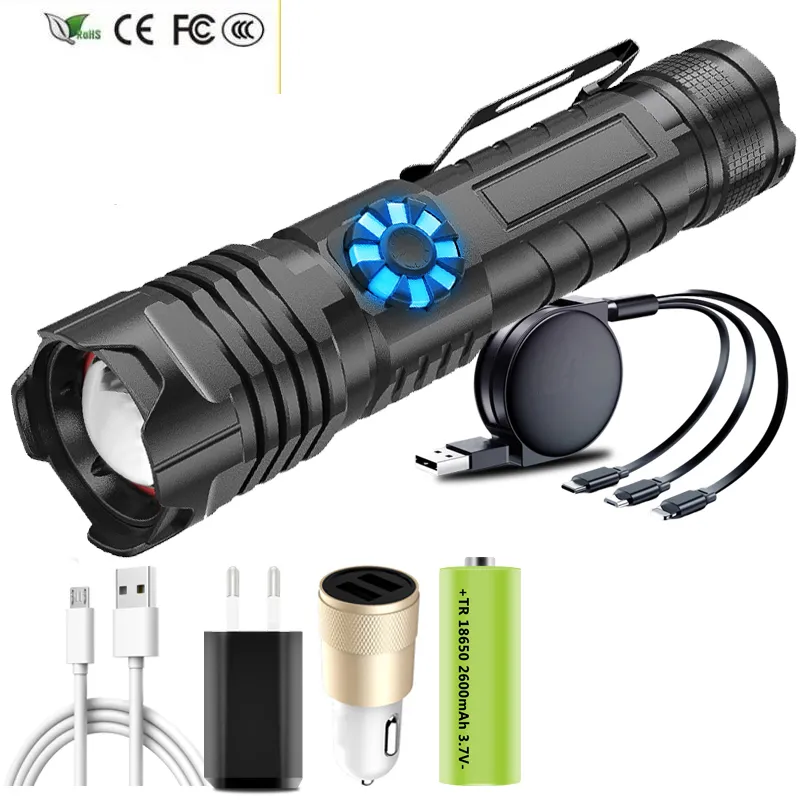 Novo lanterna 26650 steples de bateria escurecimento xhp180 lanterna LED Tipo-C USB recarregável PowerBank Torch Aluminium Zoomable