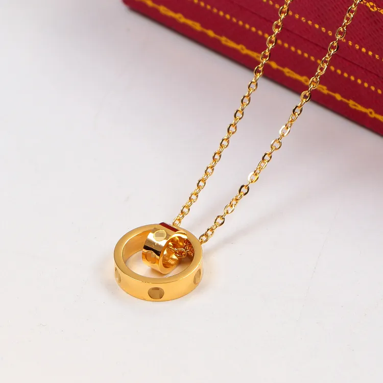 Luxury Necklace for Woman womens mens Designer CZ Jewelry 45cm LOVE Dual Circle Pendant Rose Gold Color Vintage Collar Costume cartttier wedding Jewelry with box