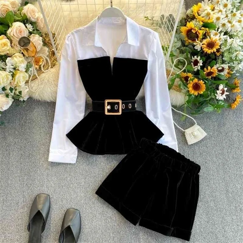 DEAT Spring Autumn Long Sleeve Velvet Tops With Belt Elastic Shorts Two Piece Set Women MH334 210331