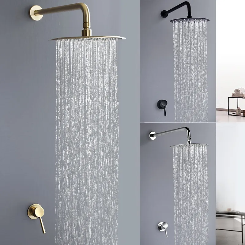 Brushed Gold Black Chrome Polish 10" Round Rainfall Bathroom Ultrathin Rain Shower Head and Wall Shower Arm Shower Faucet