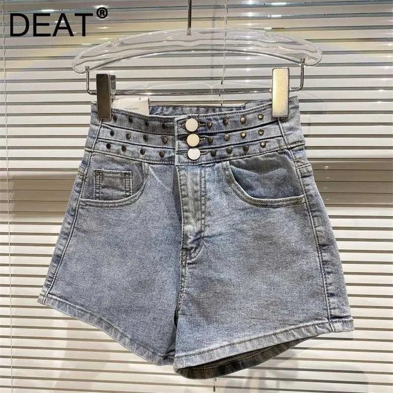 DEAT Women Rivet Personlighet Denim Shorts Ankomster Hög midja Fashion Temperamnet All Match Spring Summer 11D1040 210709