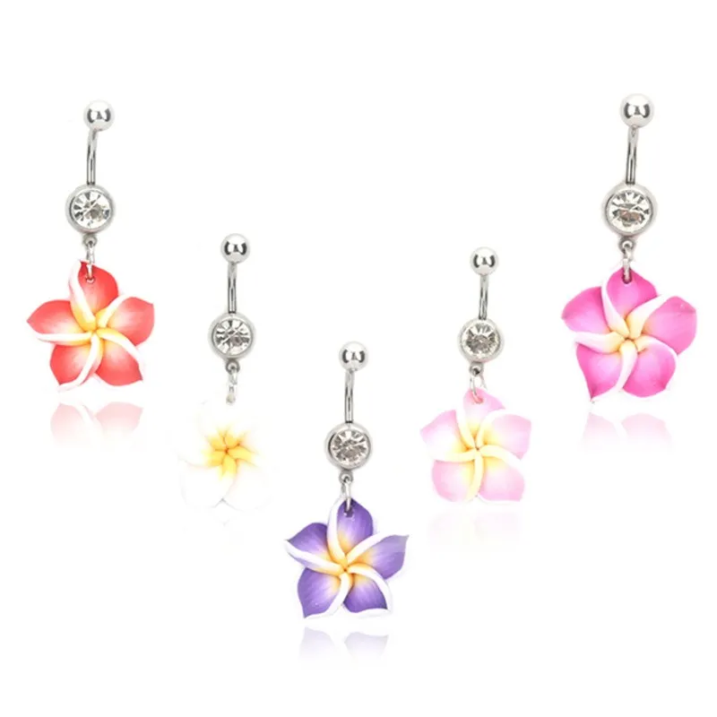 Mode Rostfritt Stål Navel Piercing Color Flower Pendant Belly Button Ringar Body Smycken