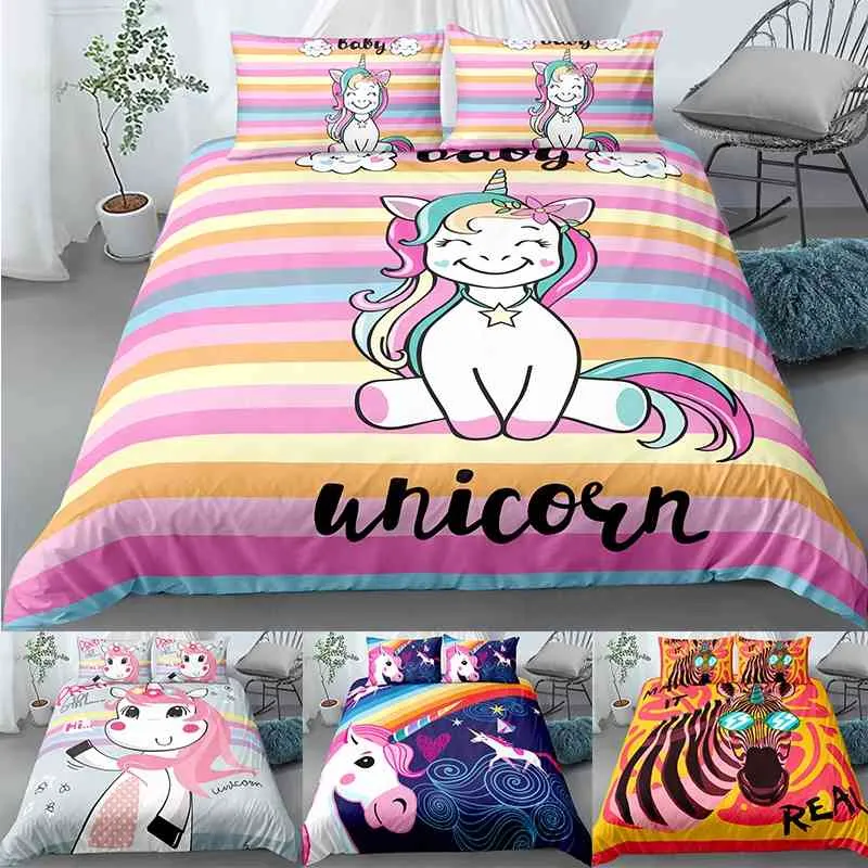 Unicorn Bedding Set Cartoon Däcke Cover Pillow Cases Twin Queen King Size Kids Bedclothes Bed