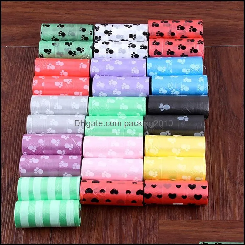 pet supply 1rolls 15pcs printing cat dog poop bags outdoor home clean refill garbage bag