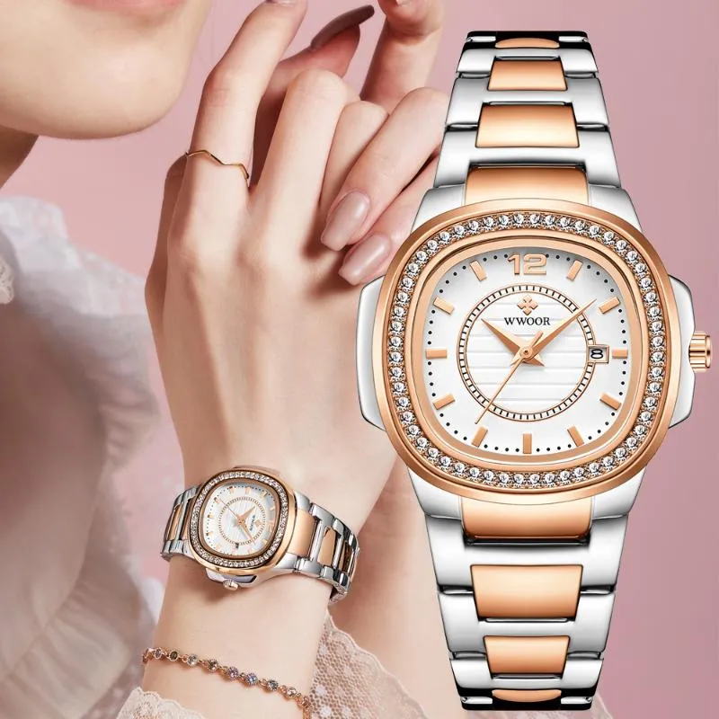 Armbandsur 2022 varumärke rosguld klockor kvinnor mode diamant damer kvarts armband klocka kvinnlig rostfritt stål vattentät datum klocka git