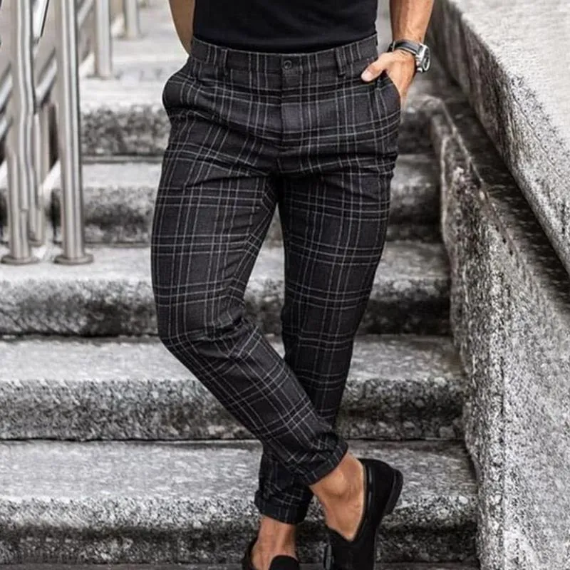 Spodnie męskie Męskie spodnie na co dzień Skinny Stretch Chinos Slim Fit Pant Plaid Check Male 2022