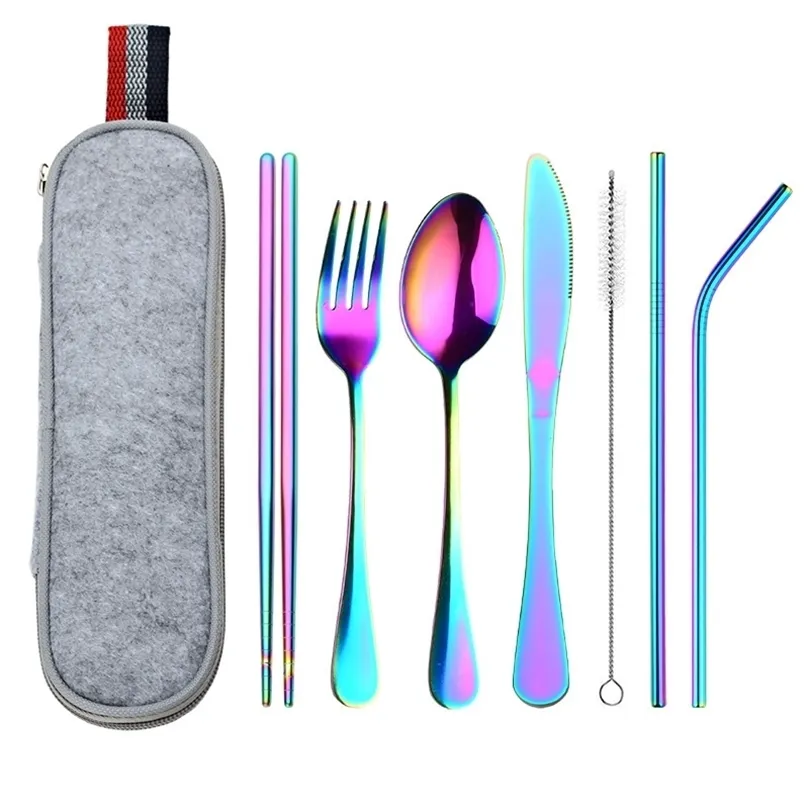 Travel Dinnerware Set Portable Cutlery Camping Dinner Sets Stainless Steel Tableware Rainbow With Straw Kit Brush Chopstick Bag 220307