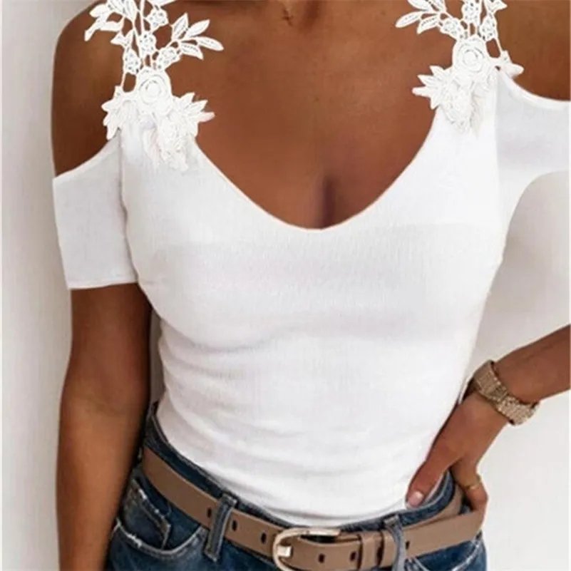 Summer Lace Petal Short Sleeve Solid Color Ladies T Shirt Women Overize Off Shoulder V Neck Slim Casual Tops Tee Tunic 220728