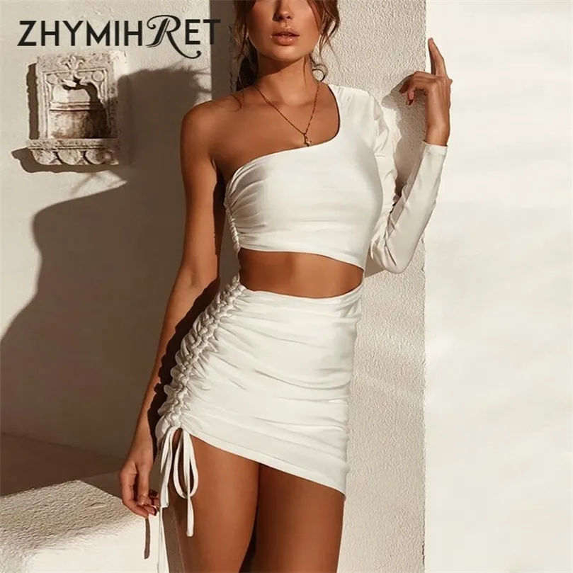 Zhymihret Fashion val een schouderjurk vrouwen sexy ruches taille uit holle jurken met lange mouw Vestido de festa longo 220510