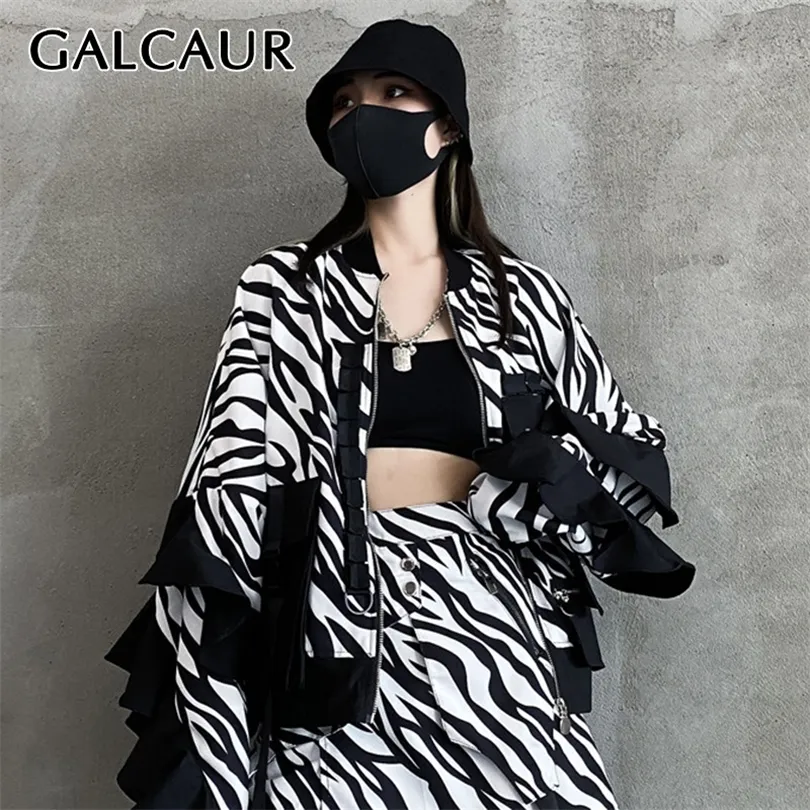 GALCAUR Casual Patchwork Striped Coat For Women O Neck Long Sleeve Ruffle Loose Jacket Female 2020 Fashion New Clothing Autumn T200828