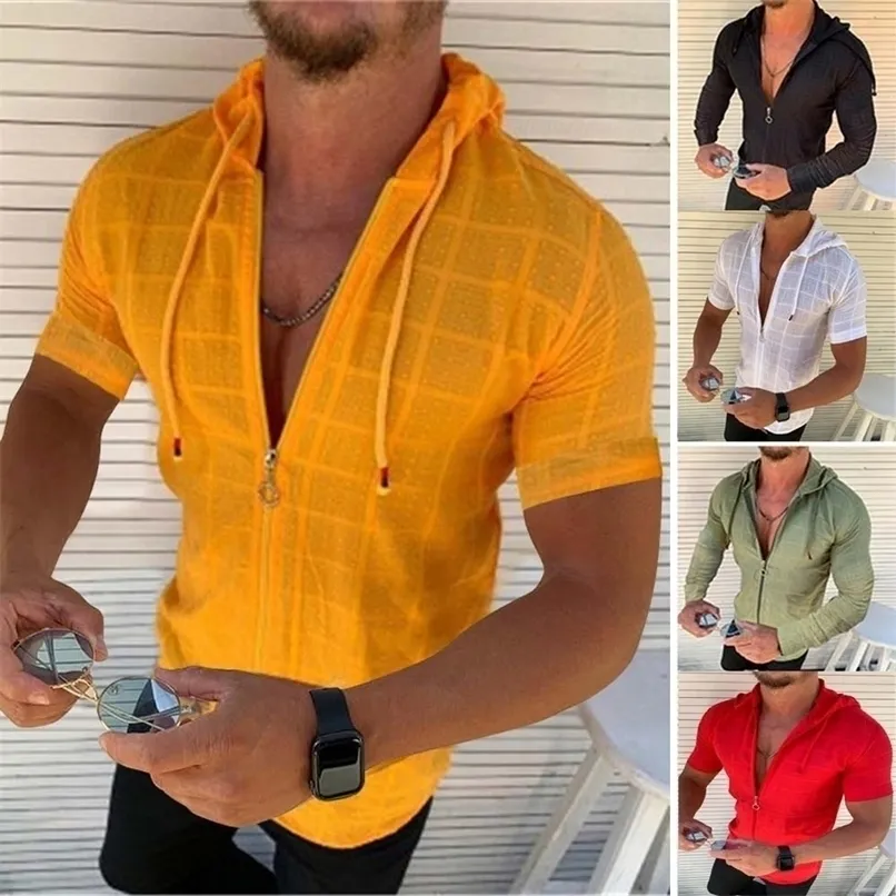Summer Beach Mens Hooded Short Sleeve Shirts With Zipper Casual Homme Slim Fit T Shirts For Man Streetwear Solid Color Blouse D220611