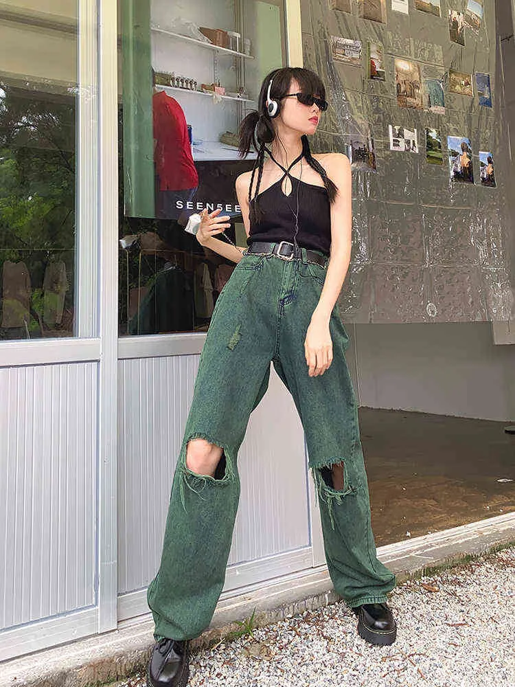 Jean vert délavé déchiré Baggy large pantalon Vintage décontracté Y2K Harajuku Hip Hop Streetwear femme Denim maman pantalon L220726