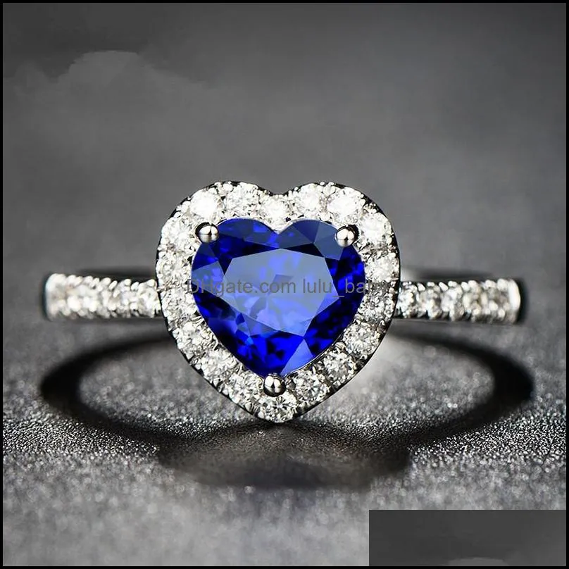 Blue Austrian Crystal Heart Love Rings for Women Clear Rhinestone Romantic Rings Wedding Jewelry Party Wholesale Hot Sale