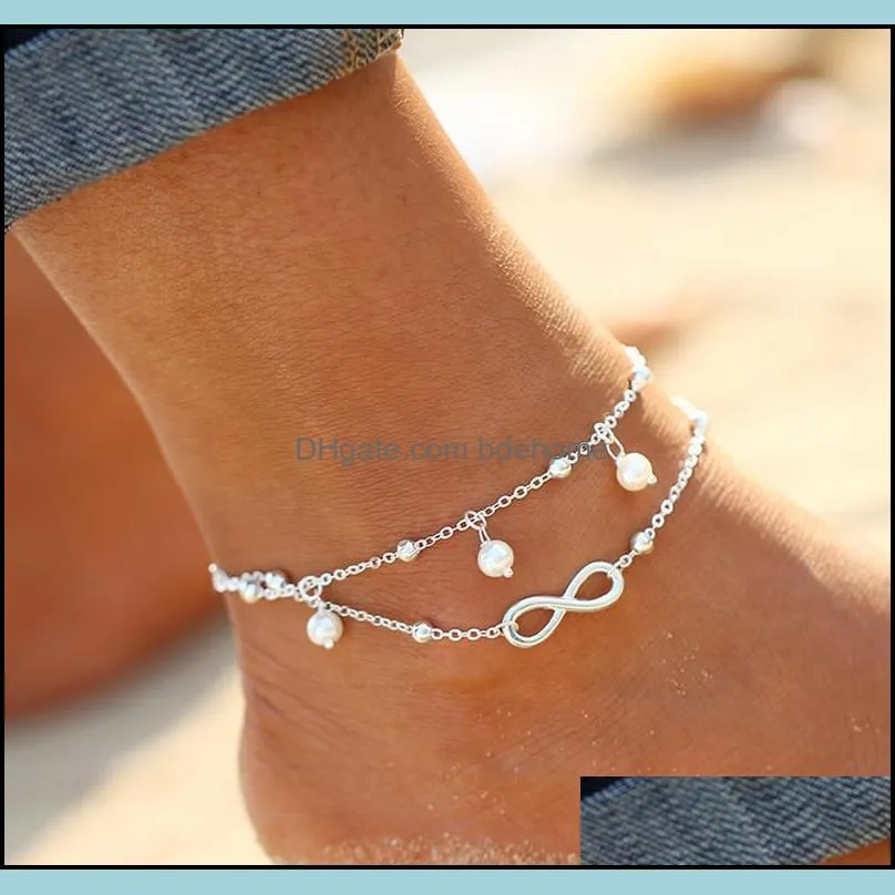 Bracelets de cheville Bijoux Vintage Mode Summer Beach Anklet Bracelet Infinity Pied Perle Perle Or Sier Chaîne Pour Femmes Lots Drop Livraison 2021 ND84