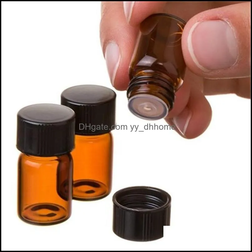 10pcs Essential Oil Bottle 1/2/3 ML PVC Amber Thin Glass Small Brown Perfume Vials Sample Test With Orifice Reducer Storage Bottles &