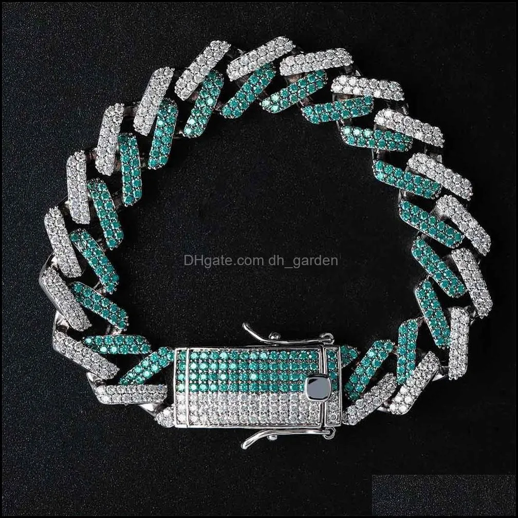 14mm Green white CZ Zircon Bling Ice Out Rhombus Cuban  Curb Link Chain Bracelets for Men Rapper Jewelry