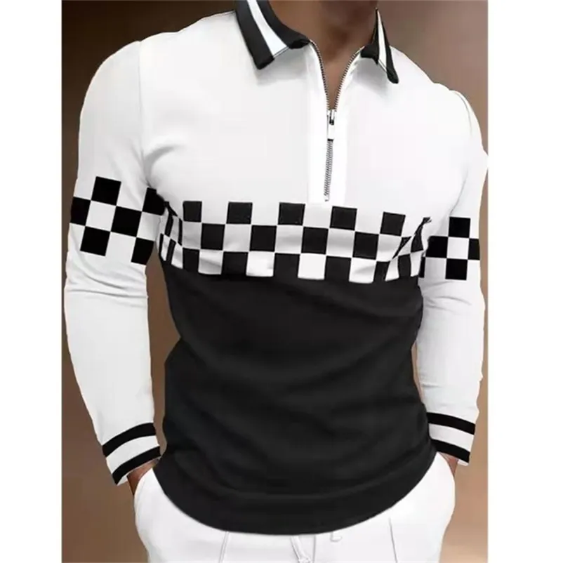 Men's Clothing Black White Long Sleeve Men Polo Shirts Casual Fashion Turn-down Collar Zipper Design Long Sleeve Tops 220524
