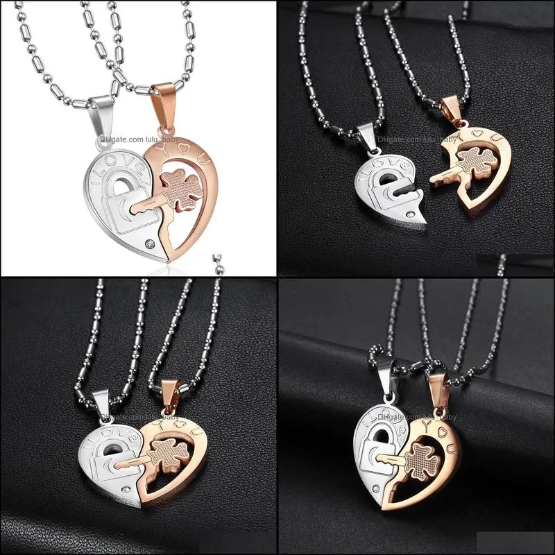 broken heart necklace stainless steel split heart pendant with key and lock in silver and gold color for lovers couple