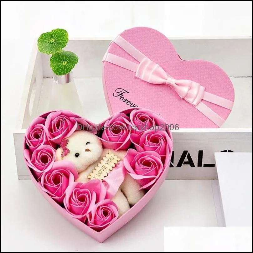 NEWFlowers Soap Flower Gift Rose Box Bears Bouquet For 2021 Valentines Day Wedding Decoration Gift Festival Heart-shaped Box RRA11320