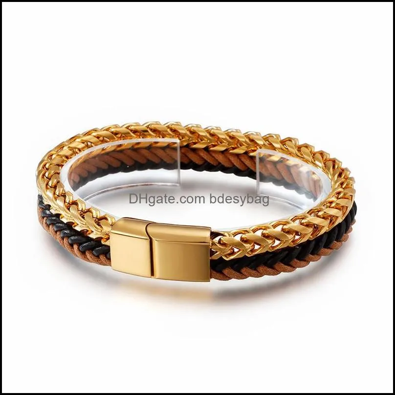 tennis 21cm stainless steel dubai gold double-layer link chain bracelet for men vintage cowhide leather wrap jewelry