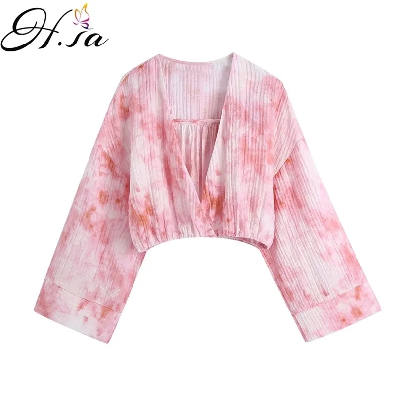 HSA Women Tops and Bloues Summer Różowy krawat bar barwnik kimono Kimono długi rękaw Blusas Mujer Bluzka Sprężyna jesień luźne koszule Top 210716