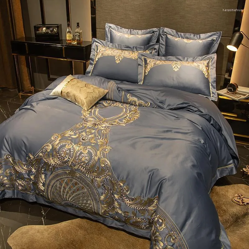 Zestawy pościeli Szare Wykwintny haftowany zestaw luksusowy egipski bawełniany jedwabisty soft z łóżka poduszka kołdra 4/6pcs