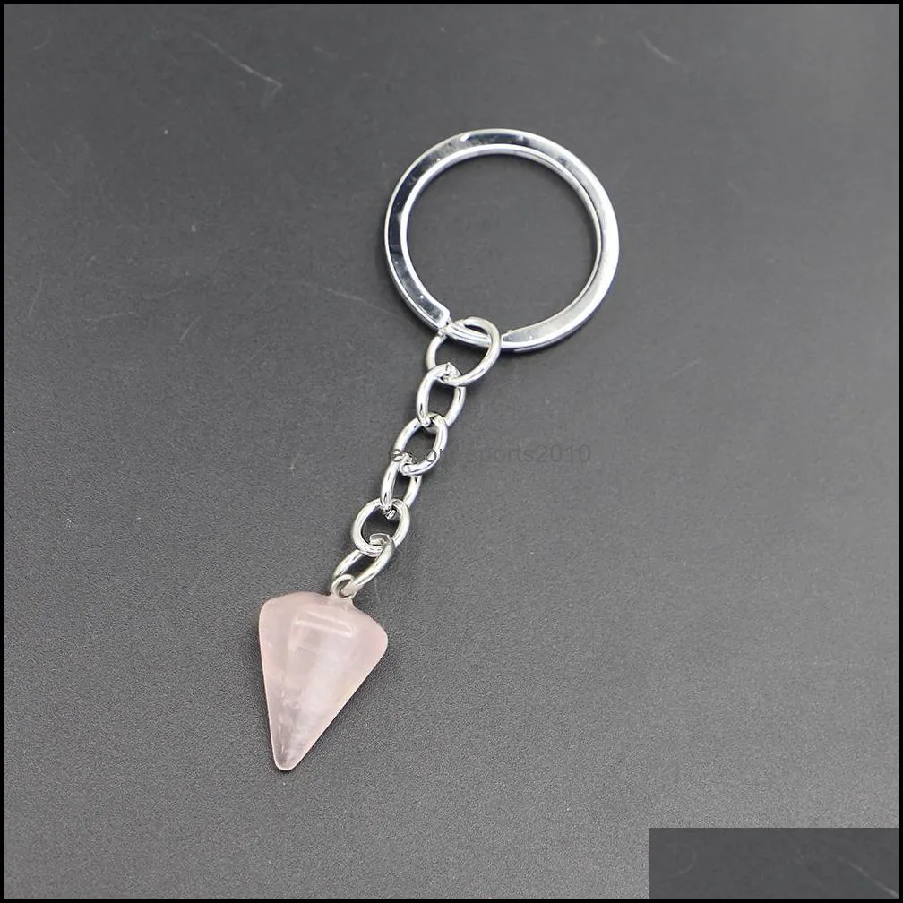 natural stone key rings polygonal cone column women crystal rose quartz keychain on bag car jewelry party friends gift