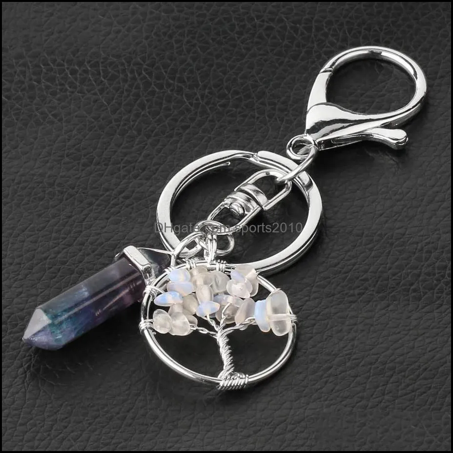 natural stone tree of life key rings fluorite hexagonal prism keychains healing rose crystal car decor keyholder for women men