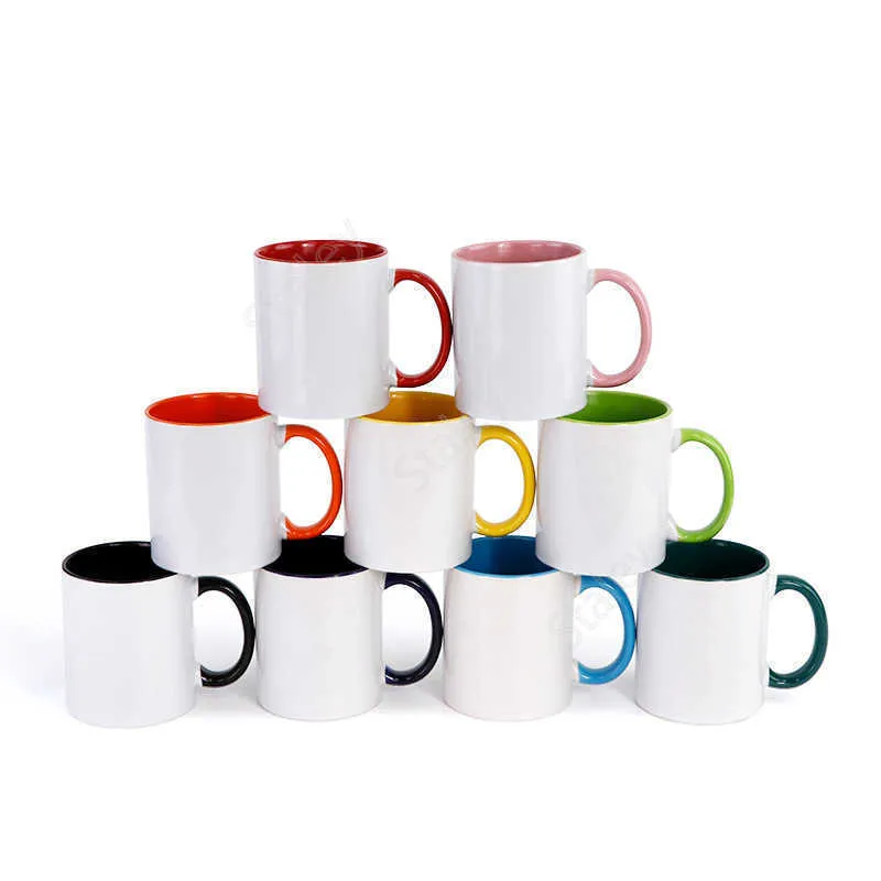 11 oz vente chaude billette sublimation tasse en céramique couleur poignée couleur intérieure bricolage transfert presse à chaud impression tasses à eau par mer Inventaire DAT467