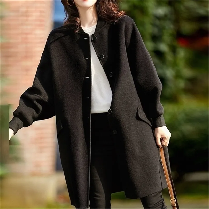 Women Coat Winter Long Sleeve Warm Black Woolen Blends Oversize Female Overcoat Elegant Single Breasted Long Coat Plus Size 201221