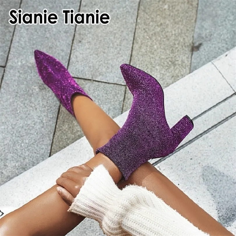 Sianie Tianie Glitter Bling Woman 스트레치 부츠 보라색 실버 격자 무늬 레오파드 섹시한 양말 부티 블록 하이힐 여성 발목 부츠 201102