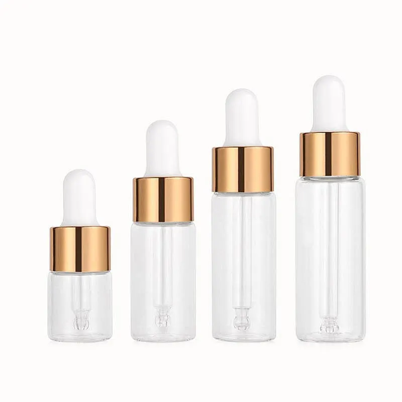 Szklane butelki z olejem eterycznym przezroczyste mini 5 ml 10 ml 15 ml 20 ml perfum zrzucanie butelki kosmetyczne fiolki ze złotą czapką